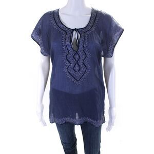 Calypso Saint Barth Womens Embroidered Tunic Blouse Blue  Cotton Size Medium